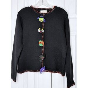 Vintage Lemon Grass Black Knit Halloween Cardigan‎ Size PS Petite Small Festive
